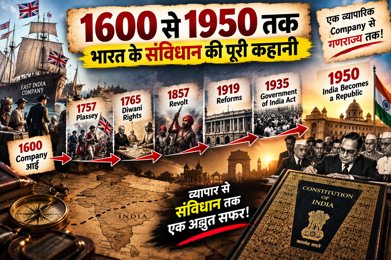 1600 से 1950 तक भारत के संविधान के विकास की महत्वपूर्ण Dates और घटनाएँ