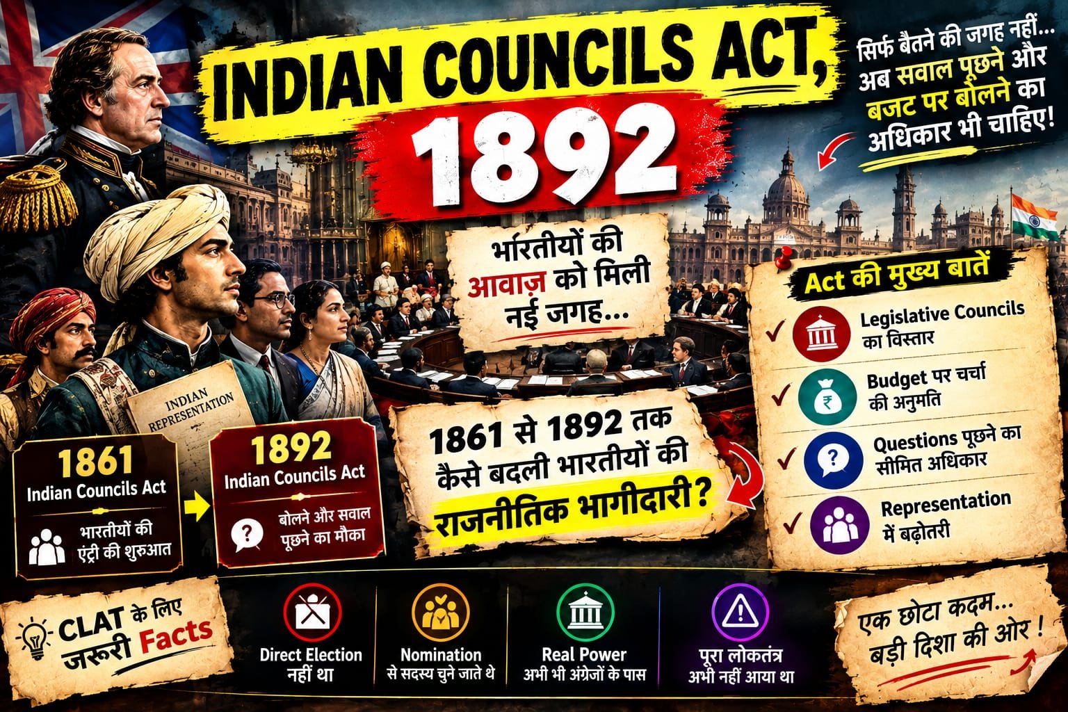 🇮🇳 Indian Councils Act, 1892 जब भारतीयों ने कहा — “सिर्फ बैठने की जगह नहीं, सवाल पूछने और बजट पर बोलने का अधिकार भी चाहिए!