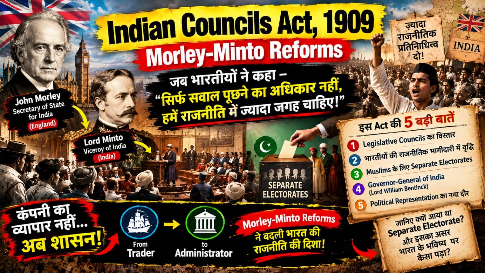 🇮🇳 Indian Councils Act, 1909 — Morley-Minto Reforms जब भारतीयों ने कहा — “सिर्फ सवाल पूछने का अधिकार नहीं, हमें राजनीति में ज्यादा जगह चाहिए!”