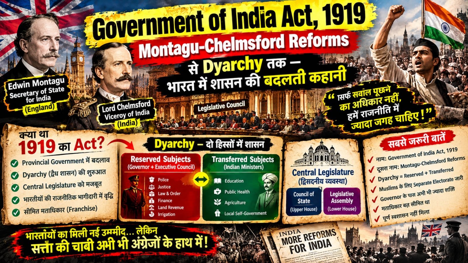 Government of India Act, 1919 क्या था? Montagu-Chelmsford Reforms से Dyarchy तक — भारत में शासन की बदलती कहानी सोचिए...