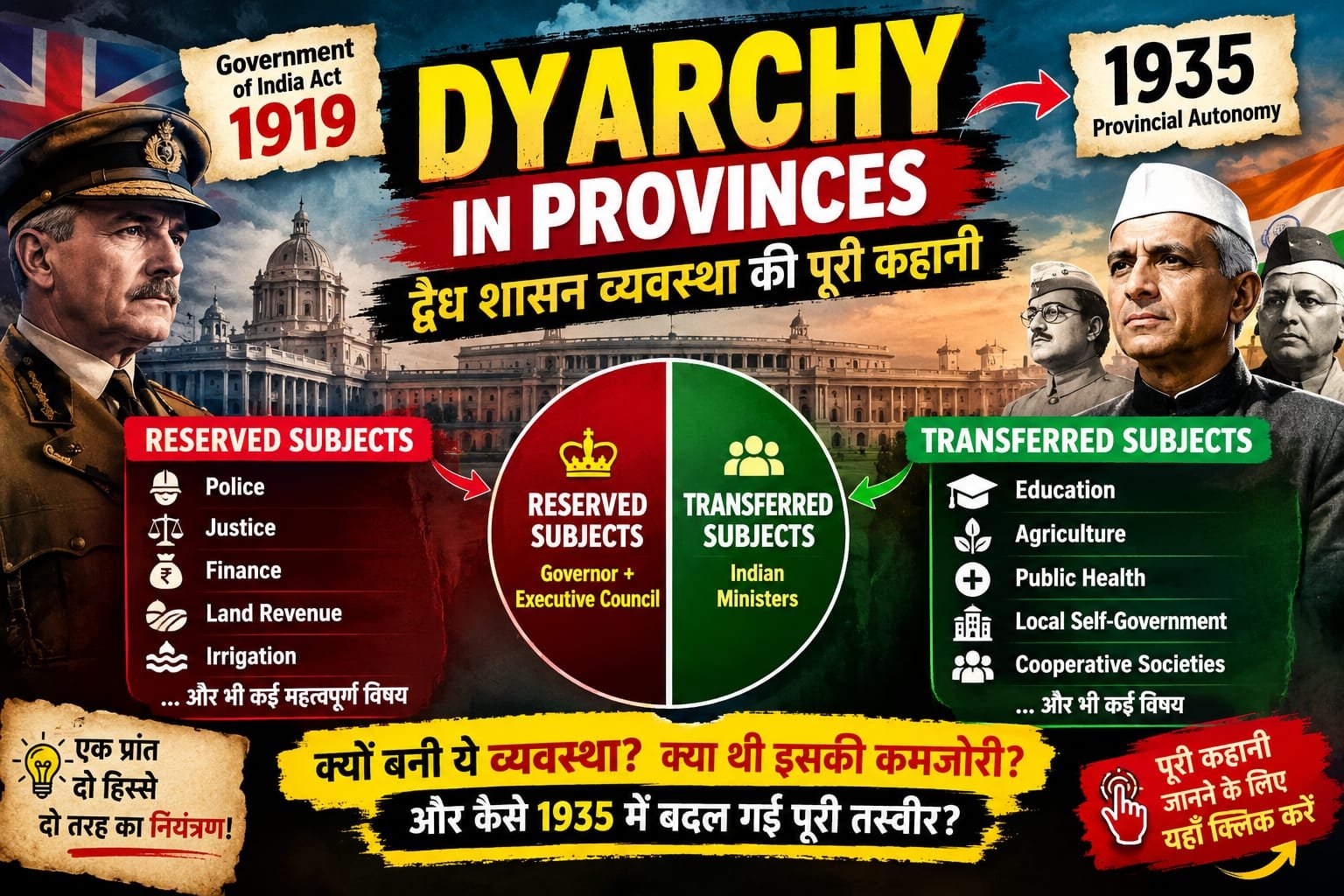 1919 की द्वैध शासन व्यवस्था की पूरी कहानी — Reserved, Transferred Subjects और Governor की Power