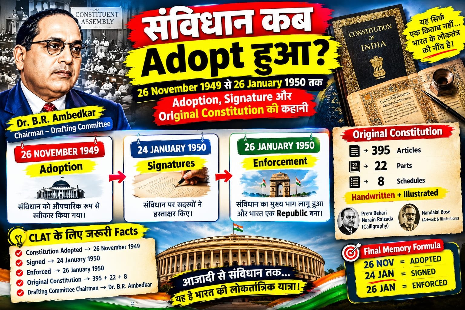 संविधान कब Adopt हुआ?26 November 1949 से 26 January 1950 तक — Adoption, Signature और Original Constitution की कहानी