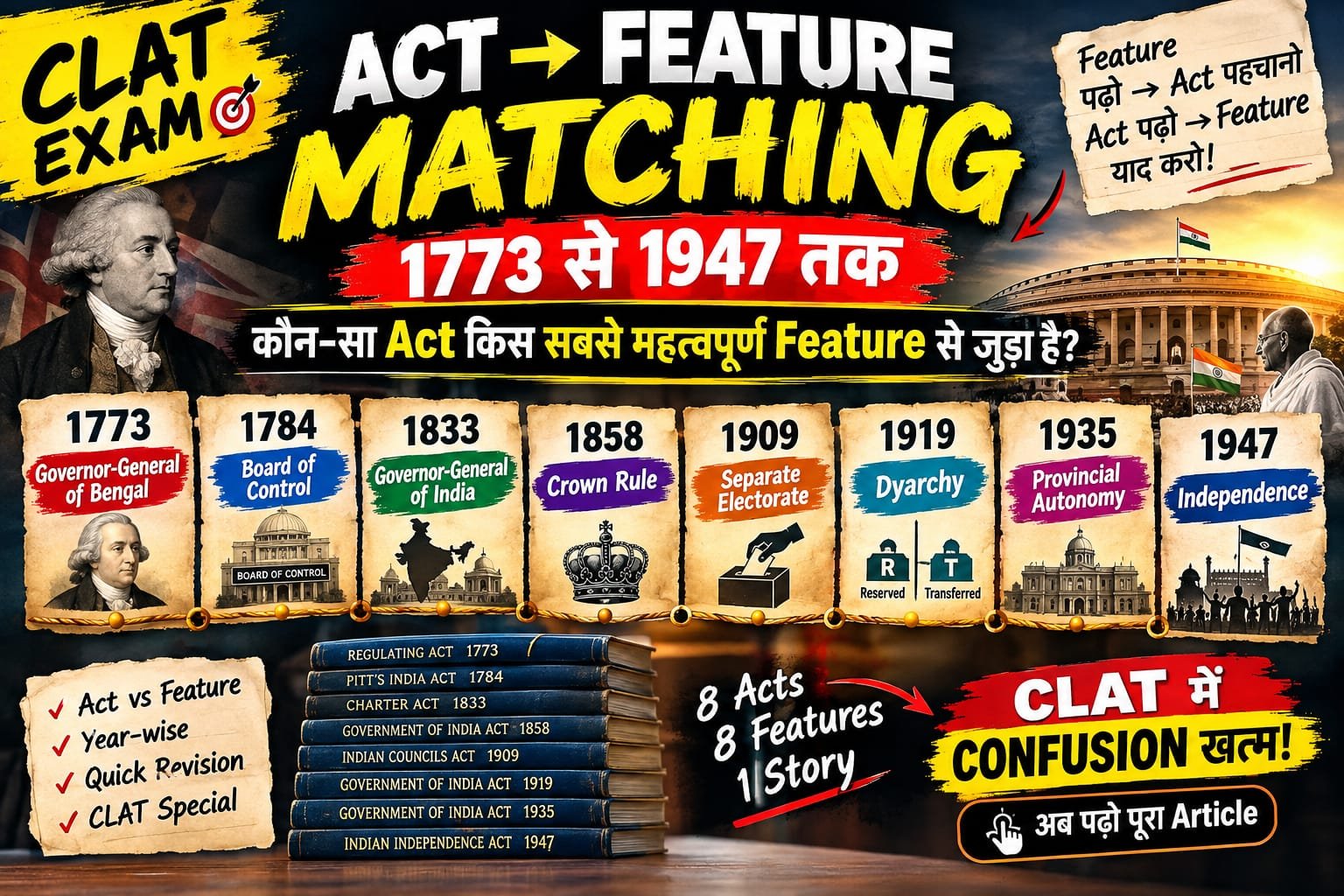 Act → Feature Matching ||1773 से 1947 तक कौन-सा Act किस सबसे महत्वपूर्ण Feature से जुड़ा है?